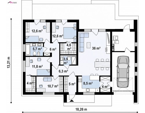 Проект Z387 Одноэтажный дом с 4 спальнями, гаражом и 2-х скатной крышей  Проекты домов и гаражей