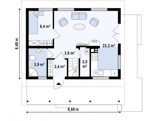 Проект Z39 Маленький, уютный дом с мансардой, двускатной крышей и c фронтальной террасой.  Проекты домов и гаражей