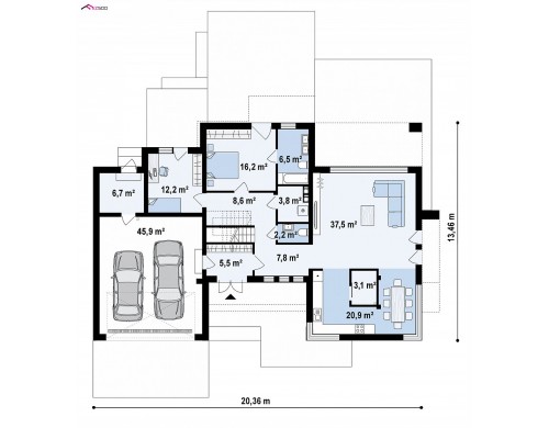 Проект Z404 Двухэтажный дом с гаражом на два автомобиля и двумя спальнями на первом этаже  Проекты домов и гаражей