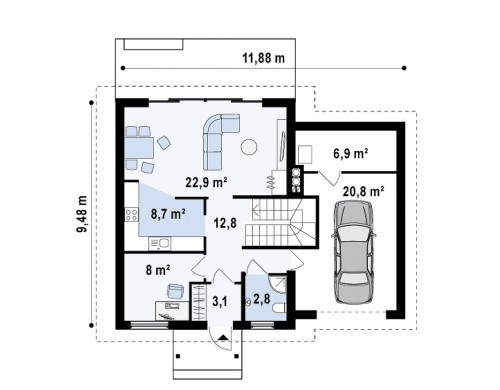 Проект уютного и функционального дом «Т»-образной формы с гаражом - Z43