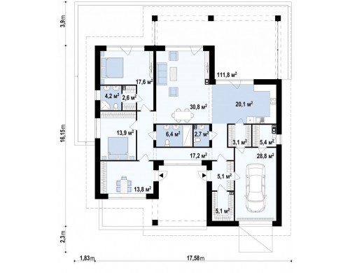 Проект Z441 Одноэтажный дом с просторной гостиной и открытой кухней  Проекты домов и гаражей