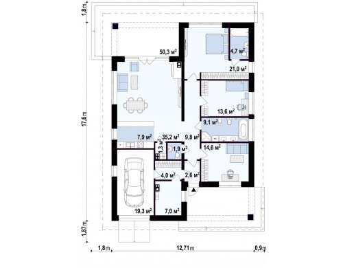 Проект Z443 Современный одноэтажный дом с тремя спальнями и гаражом на одну позицию.  Проекты домов и гаражей