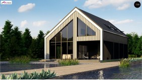 Проект Z445 D Мансардный дом простой формы с современным оригинальным экстерьером.  Проекты домов и гаражей