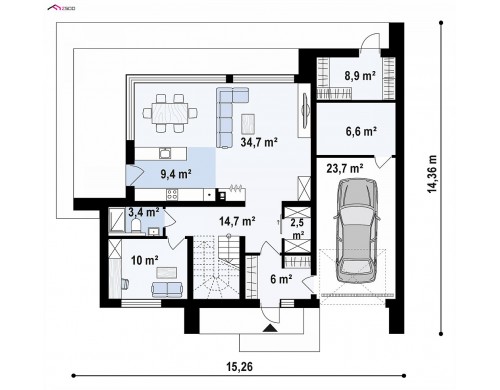 Проект Z456 Просторный мансардный дом со светлой гостиной и гостевой комнатой на первом этаже.  Проекты домов и гаражей
