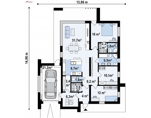 Проект Z458 Современный одноэтажный дом с двускатной крышей и большой террасой  Проекты домов и гаражей