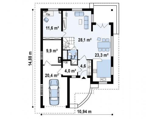 Проект дома с мансардой, с большим техническим помещением и дополнительной спальней на первом этаже - Z49