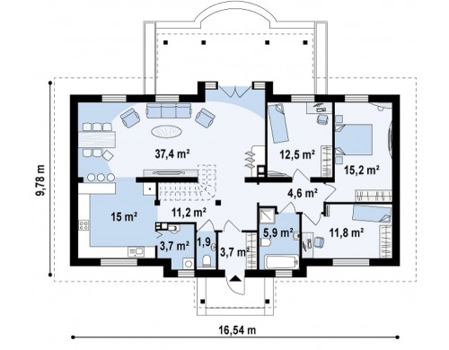 Проект симметричного одноэтажного дома с многоскатной кровлей - Z5