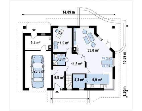 Проект дома с гаражом, большим хозяйственным помещением и угловой террасой - Z56