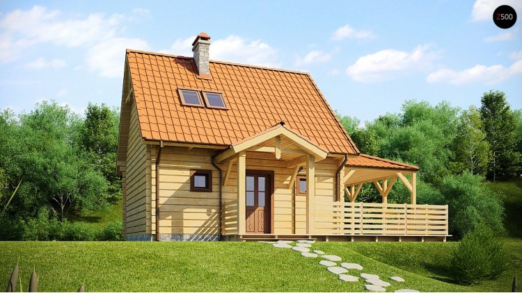 Проект небольшого дома с мансардой и с крытой боковой террасой - Z57