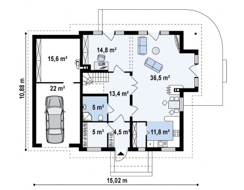 Проект Z63 L GL Проект мансардного дома - вариант Z63 c внесенными изменениями в планировку и гаражом для 1 авто  Проекты домов и гаражей