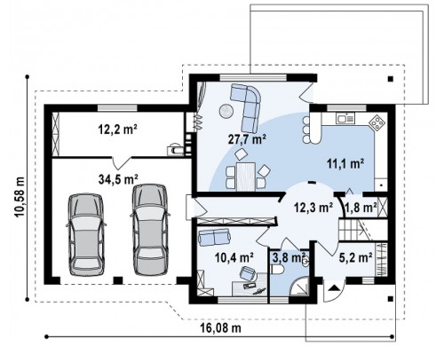 Проект Z68 GL2 Версия проекта Z68 с гаражом на два авто и дополнительными комнатами на мансарде.  Проекты домов и гаражей