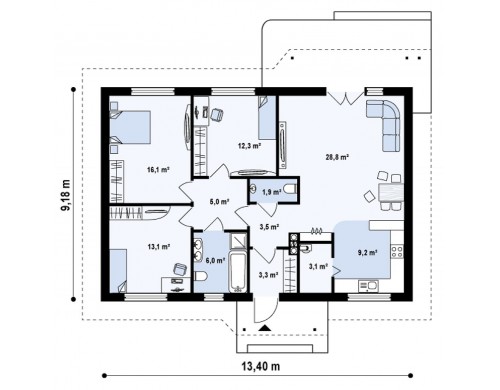 Проект Z69 dk Проект одноэтажного классического дома адаптированного для каркасной технологии строительства.  Проекты домов и гаражей