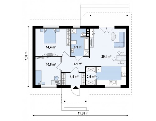 Проект экономичного в реализации одноэтажного дом с просторной гостиной и двумя спальнями - Z72