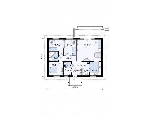 Проект Z8 v2 Одноэтажный коттедж подвариант Z8 с измененной планировкой комнат.  Проекты домов и гаражей