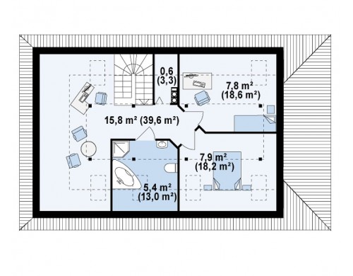 Проект дома с крытой боковой террасой и дополнительной гостиной на мансарде - Z85