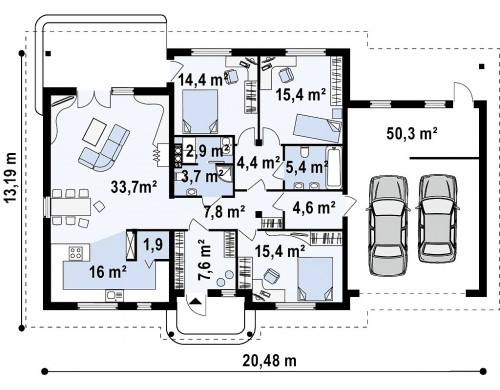 Проект стильного традиционный одноэтажного дома с гаражом для двух машин - Z86
