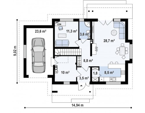 Проект Z92 GL Версия проекта Z92 c гаражом, пристроенным слева и дополнительным помещением над ним  Проекты домов и гаражей