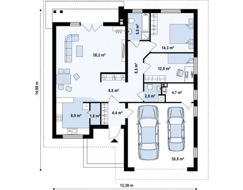 Проект одноэтажного дома с большим гаражом, просторной гостиной и двумя спальнями - Z94