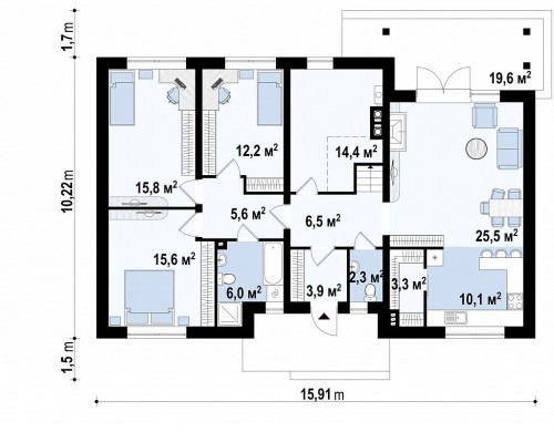 Проект одноэтажного дома с возможностью адаптации чердачного помещения - Z98