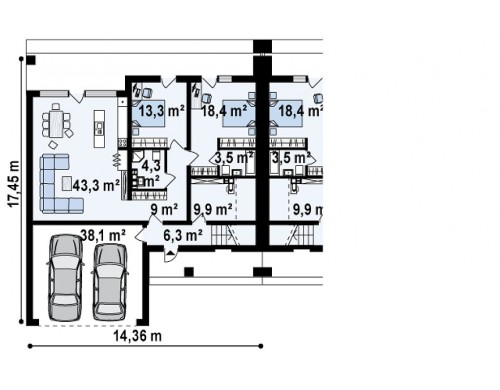 Проект Zb16 Современный проект домов-близнецов с большим гаражом и террасой на втором этаже.  Проекты домов и гаражей