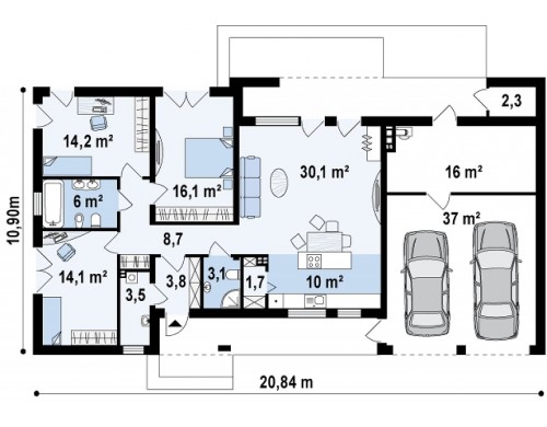 Комфортный одноэтажный дом в современном стиле с гаражом для двух авто - ZX102