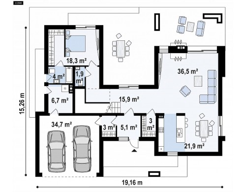Проект Zx107 Красивый и комфортный дом с плоской кровлей, гаражом на две машины и просторными террасами.  Проекты домов и гаражей