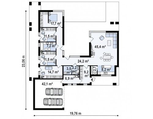 Проект Zx128 Одноэтажный дом с плоской кровлей и террасой  Проекты домов и гаражей