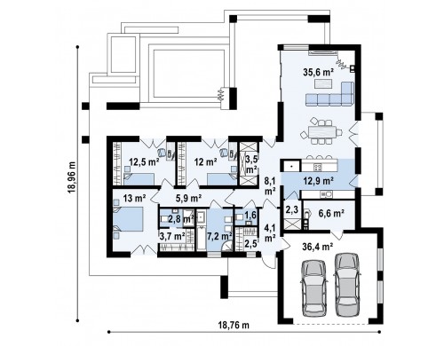 Проект Zx137 Современный одноэтажный дом с двойным гаражом и плоской крышей  Проекты домов и гаражей