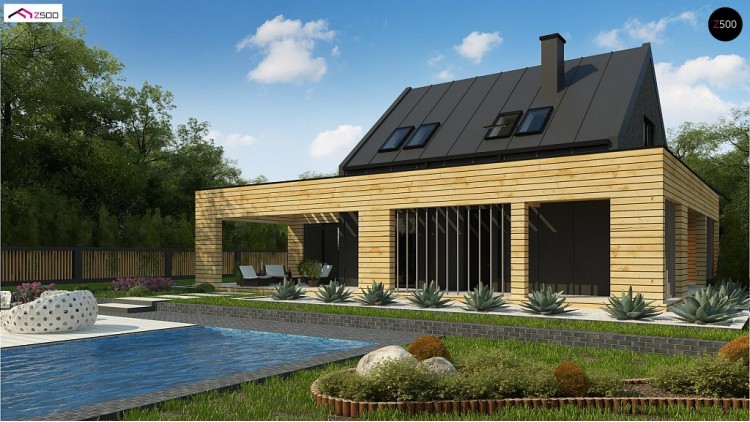 Проект Zx156 Современный дом с 2-х скатной кровлей, окруженный террасой с плоской крышей.  Проекты домов и гаражей