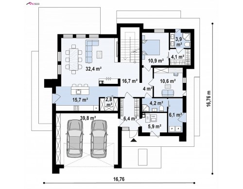Проект Zx159 Проект двухэтажного дома в современном стиле с гаражом для двух машин и просторной террасой над ним.  Проекты домов и гаражей