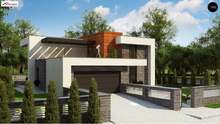 Проект Zx159 Проект двухэтажного дома в современном стиле с гаражом для двух машин и просторной террасой над ним.  Проекты домов и гаражей