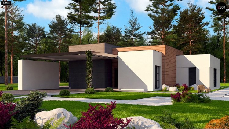 Проект Zx183 Одноэтажный дом с плоской кровлей в современном стиле и навесом для двух машин  Проекты домов и гаражей