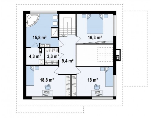 Проект двухэтажного дома простой формы с антресолью над гостиной и встроенным гаражом - ZX2