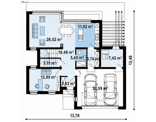 Проект Zx255 Проект двухэтажного дома с современным фасадом и удобным интерьером.  Проекты домов и гаражей