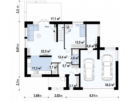 Проект практичного двухэтажного дома простой формы с низкой крышей, с гаражом для двух автомобилей - ZX26