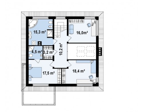 Проект двухэтажного дома со свободным пространством над гостиной - ZX33