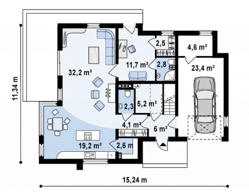 Проект дома с плоской крышей современного дизайна с гаражом и кабинетом на первом этаже - ZX39