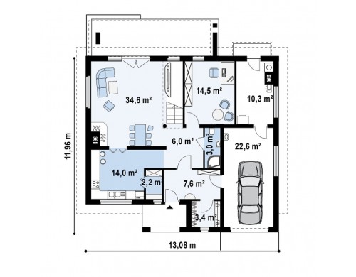Проект двухэтажного дома с гаражом для одной машины, с интересным оформлением входной зоны - ZX4