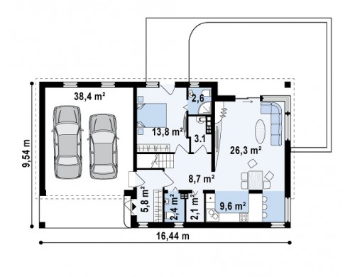 Проект современного дома простой формы. Открытое пространство гостиной, функциональная планировка - ZX58