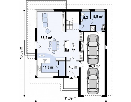 Проект двухэтажного дома с удлиненным гаражом для двух автомобилей - ZX7
