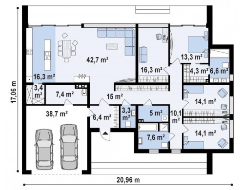 Проект Zx72 Современный дом с 4 спальнями, гаражом на 2 машины и большими окнами  Проекты домов и гаражей