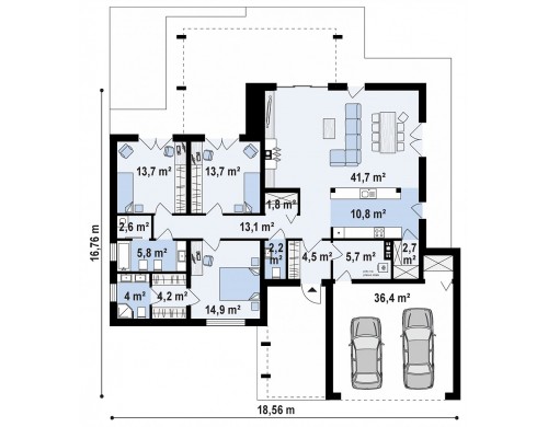 Проект Zx78 Одноэтажный дом с плоской кровлей, тремя спальнями и гаражом на две машины  Проекты домов и гаражей