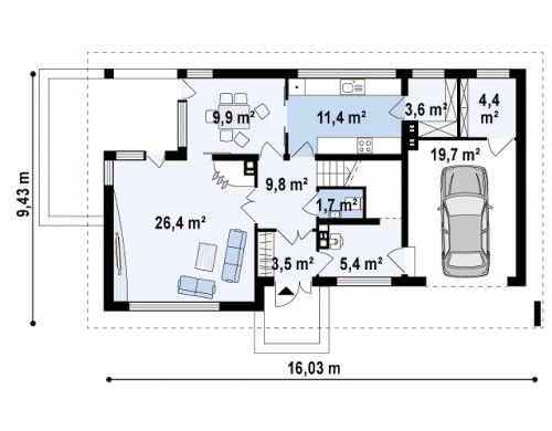 Проект двухэтажного дома с многоскатной низкой крышей, с гостиной с фронтальной стороны - ZX8