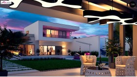 Проект Zx98 Стильный современный проект двухэтажного дома, подходит для строительства на участке со склоном.  Проекты домов и гаражей