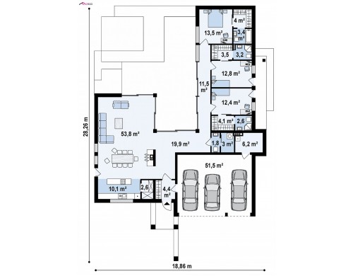 Проект Zx99 Одноэтажный дом в современном стиле с гаражом на 3 машины, с плоской кровлей  Проекты домов и гаражей