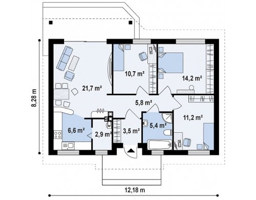 Проект дома PB-003 12.18x8.28m 82,0 м² , 1 этаж