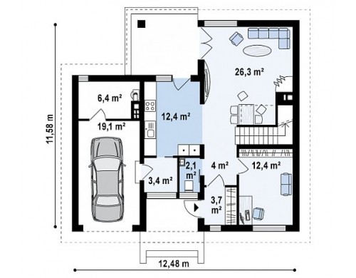 Проект дома PB-004 12.48x11.58m 137,0 / 162,5 м² , 2 этажа