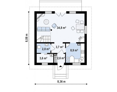 Проект дома PB-008 8.36x8.58m 96,9 / 107,5 м² , 2 этажa