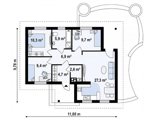 Проект дома PB-013 11.88x9.78m 76,8 м² , 1 этаж
