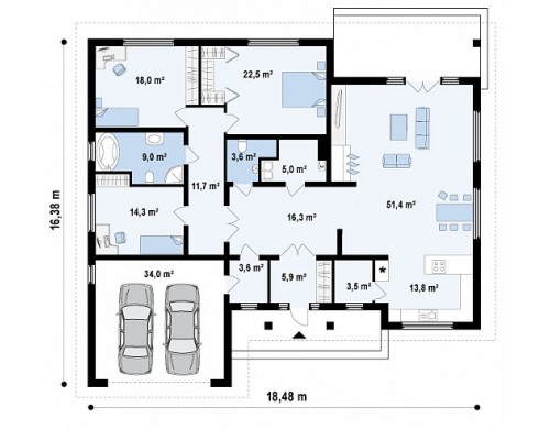 Проект дома PB-014 18.48x16.38m 178,6 / 212,6 м² , 1 этаж
